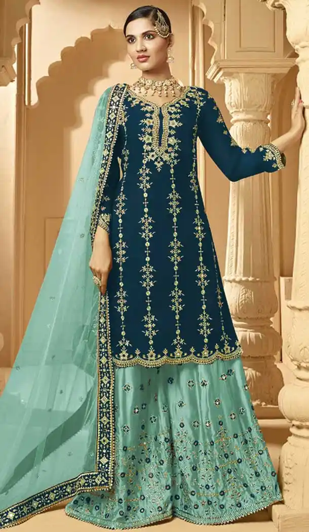 Teal Blue Color Faux Georgette Heavy Designer Party Wear Palazzo Suit -9015107440