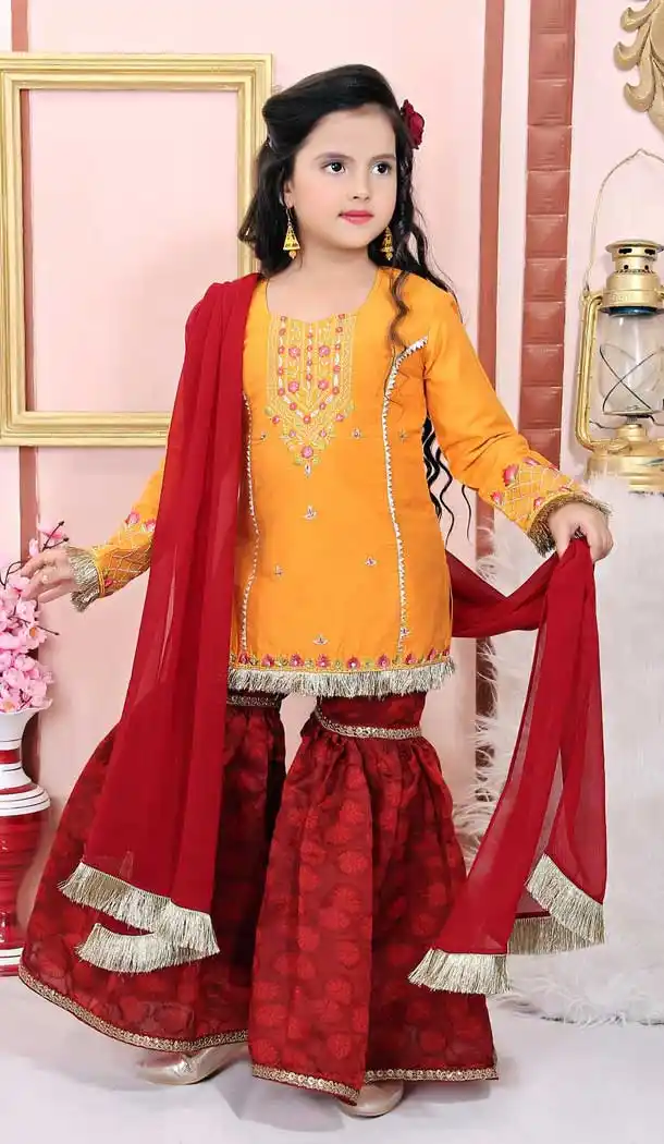 Yellow Color Cotton Silk Designer Party Wear Kids Readymade Sharara Suit -8993107157