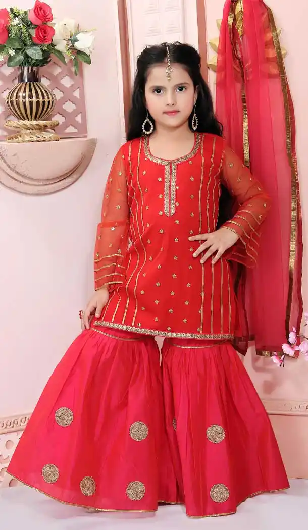 Red Color Net Designer Party Wear Kids Readymade Sharara Suit -8993107160