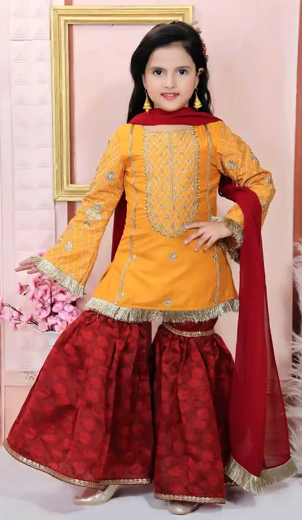 Yellow Color Cotton Silk Designer Party Wear Kids Readymade Sharara Suit -8993107161