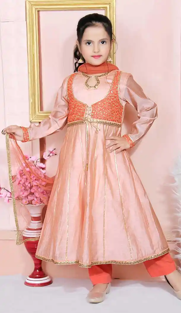 Peach Color Chanderi Silk Designer Party Wear Kids Aanarkali Suit -8993107164