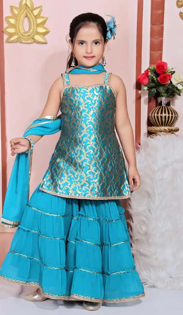Blue Color Crepe Chiffon Designer Party Wear Kids Readymade Sharara Suit -8993107165