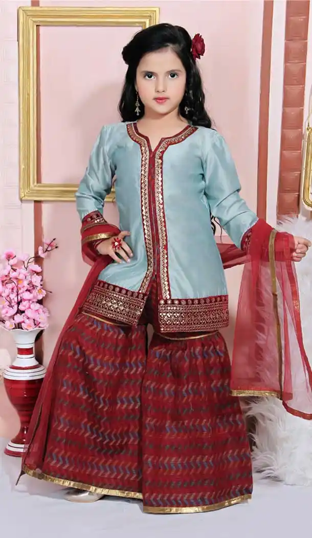 Grey Color Chanderi Silk Designer Party Wear Kids Readymade Sharara Suit -8993107166