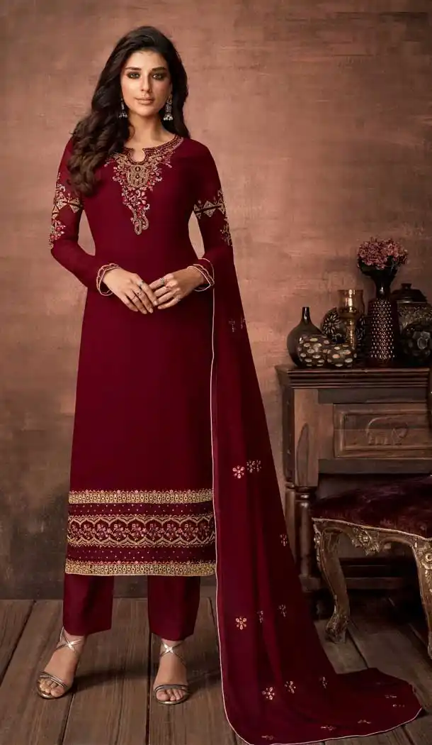 Gleaming Maroon Color Georgette Casual Party Wear Salwar Suit -9020107519
