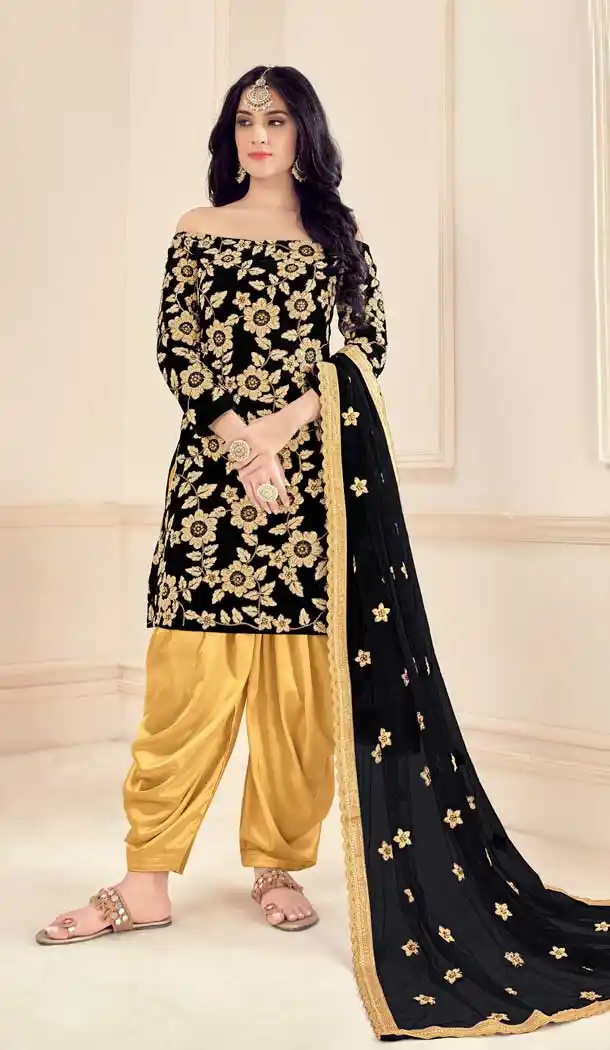 Black Color Velvet Designer Party Wear Punjabi Patiyala Salwar Suit -9026107637