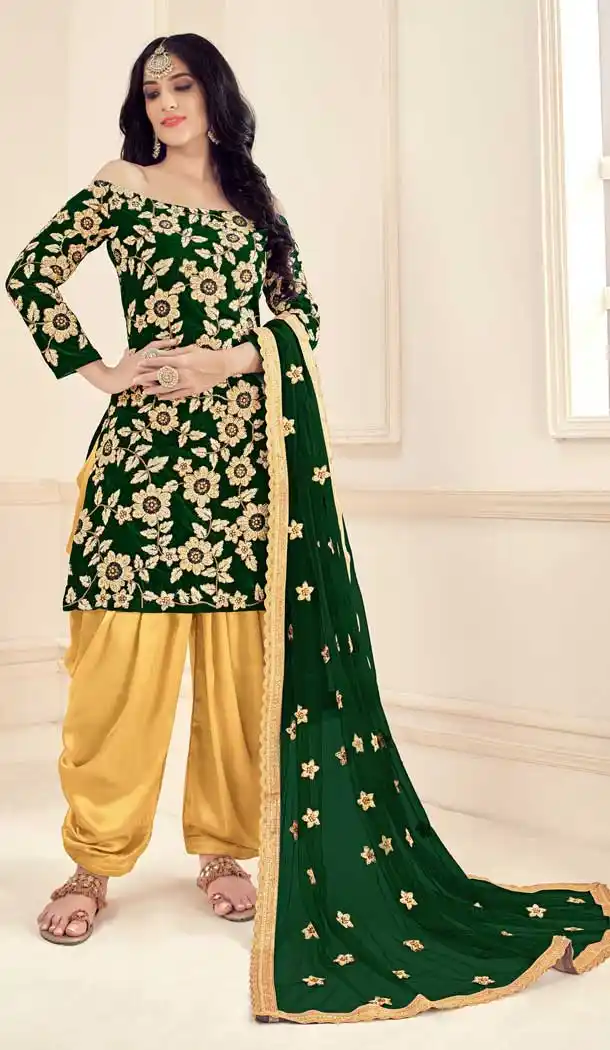 Green Color Velvet Designer Party Wear Punjabi Patiyala Salwar Suit -9026107638