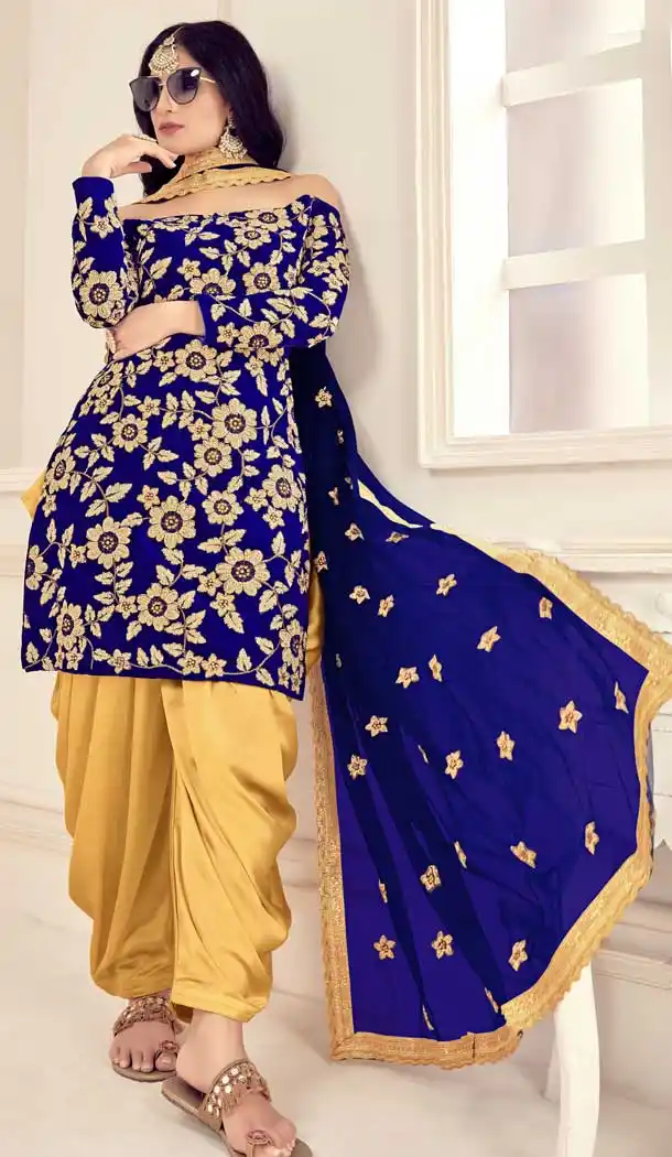 Blue Color Velvet Designer Party Wear Punjabi Patiyala Salwar Suit -9026107639