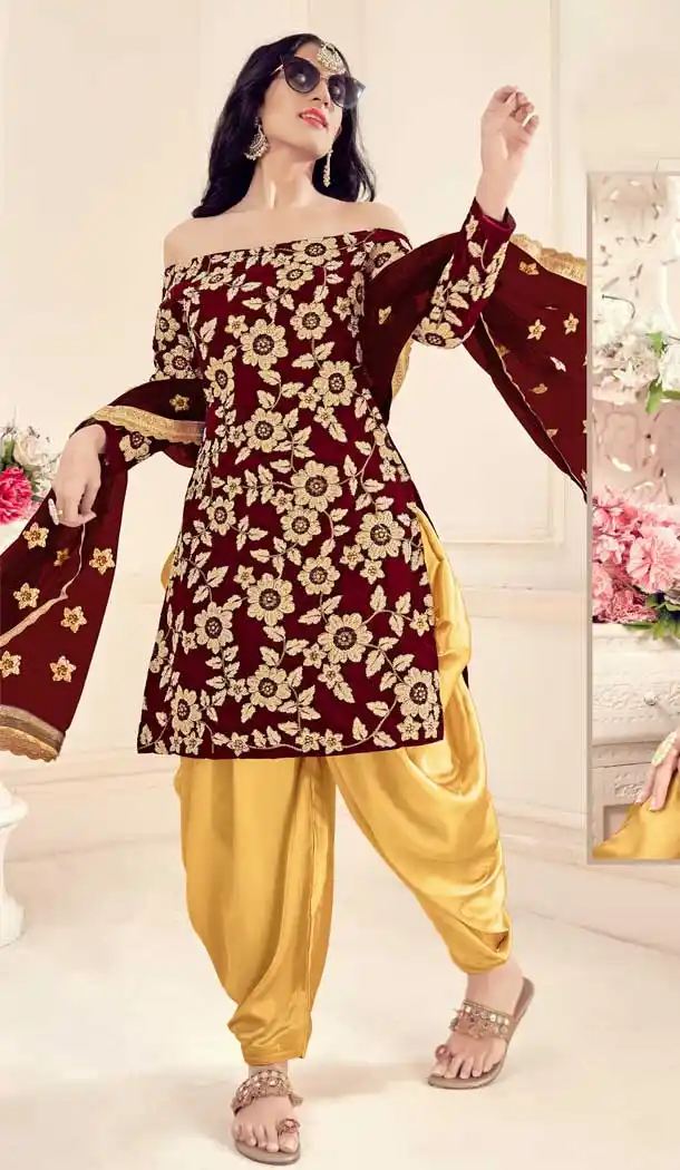 Maroon Color Velvet Designer Party Wear Punjabi Patiyala Salwar Suit -9026107640