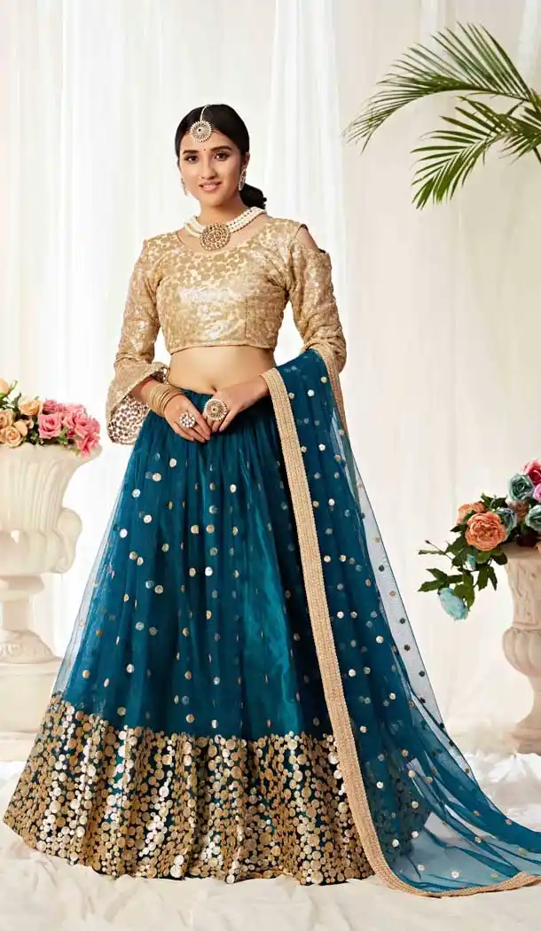 Rama Blue Color Heavy Net Traditional Wedding Party Wear Lehenga Choli -9034107717