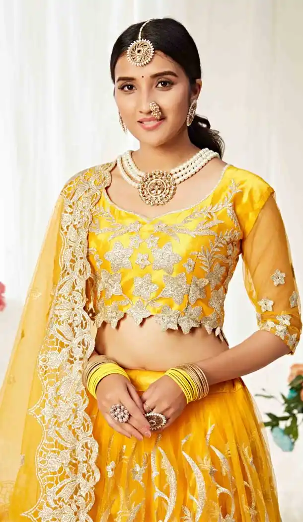 Musterd Color Heavy Net Traditional Wedding Party Wear Lehenga Choli -9034107720