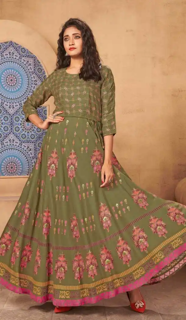 Olive Green Color Heavy Rayon Party Wear Maxi Long Gowns Kurti -9037107732