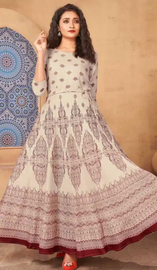 Tantalizing Beige Color Heavy Rayon Party Wear Maxi Long Gowns Kurti -9037107734