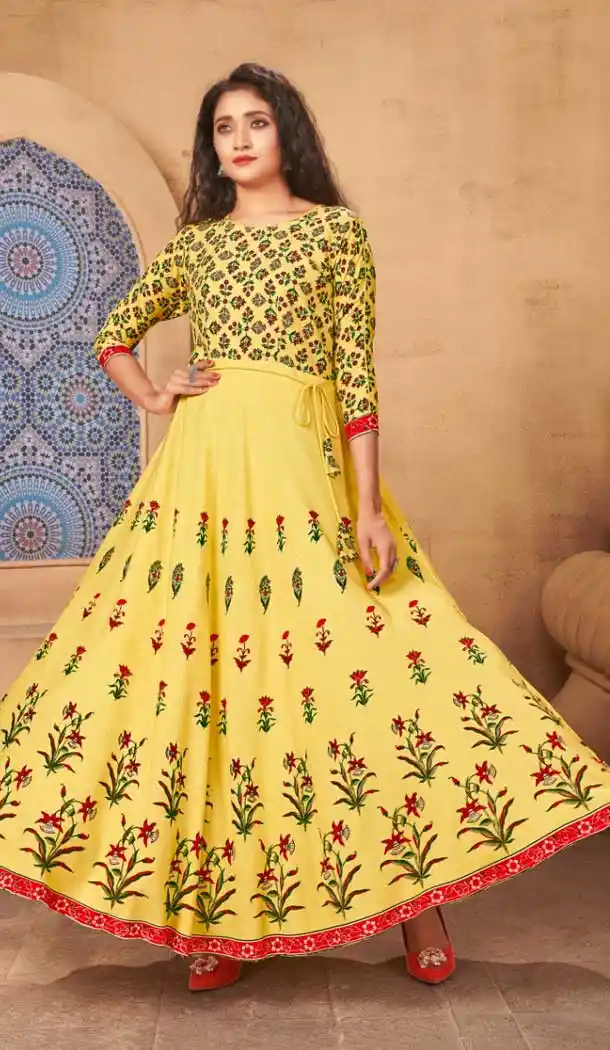 Sparkling Yellow Color Heavy Rayon Party Wear Maxi Long Gowns Kurti -9037107735