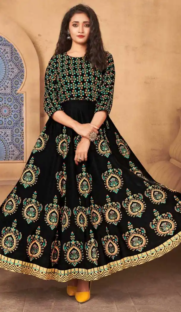 Mesmerizing Black Color Heavy Rayon Party Wear Maxi Long Gowns Kurti -9037107736