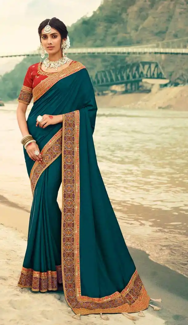 Teal Blue Color Vichitra Silk Traditional Party Wear Saree Blouse For Women -9055107876