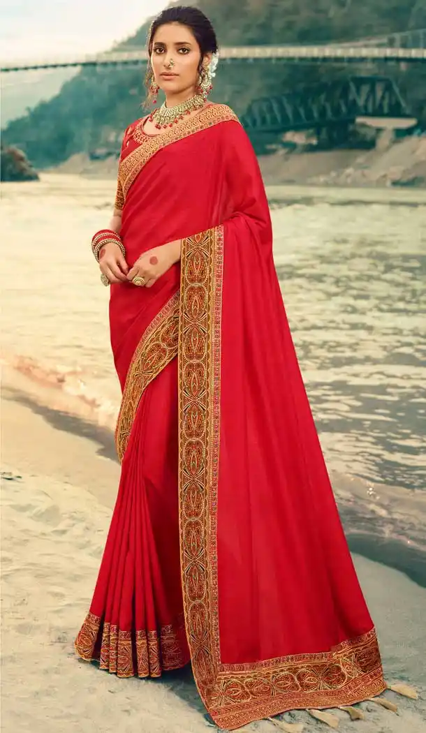 Red Color Vichitra Silk Traditional Party Wear Saree Blouse For Women -9055107877