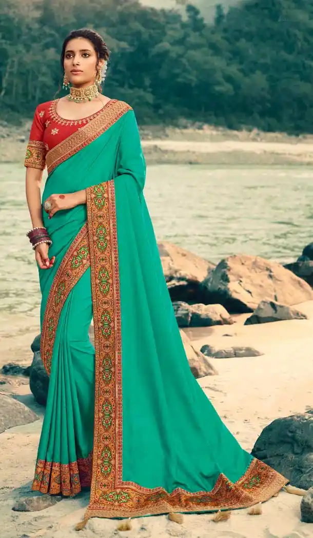 Rama Green Color Vichitra Silk Traditional Party Wear Saree Blouse For Women -9055107881
