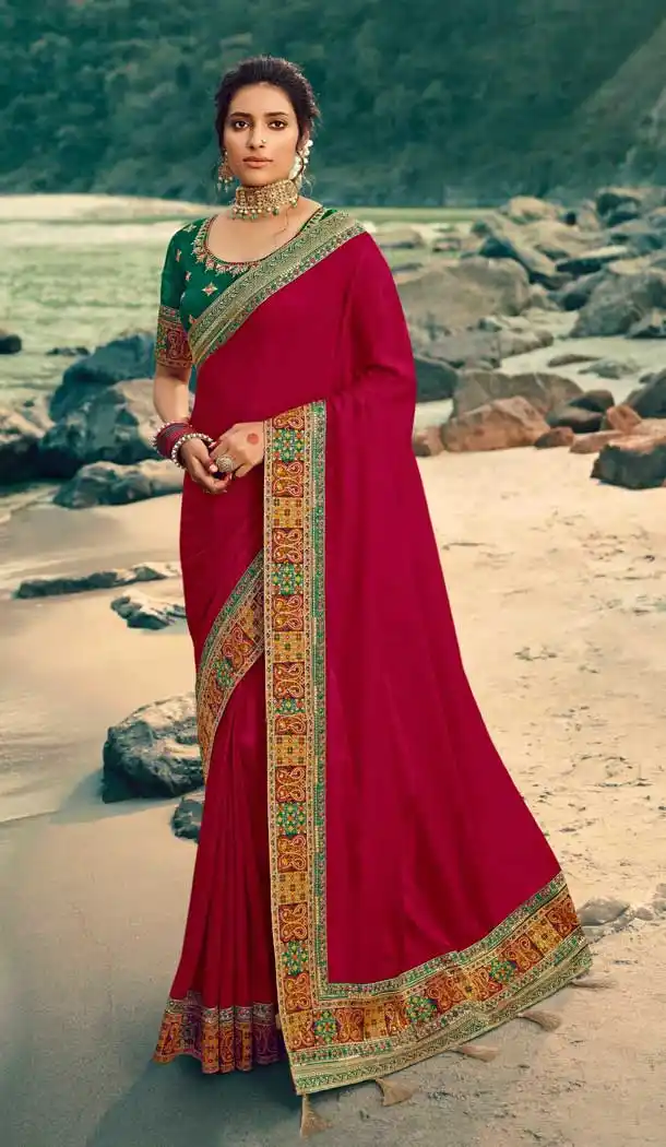 Rani Pink Color Vichitra Silk Traditional Party Wear Saree Blouse For Women -9055107882