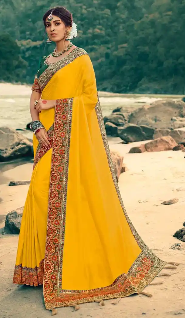 Yellow Color Vichitra Silk Traditional Party Wear Saree Blouse For Women -9055107883