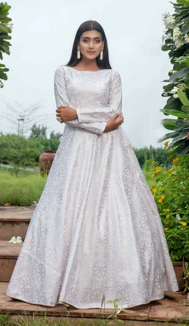White Color Cotton Heavy Designer Fancy Party Wear Girls Gown -9061107940