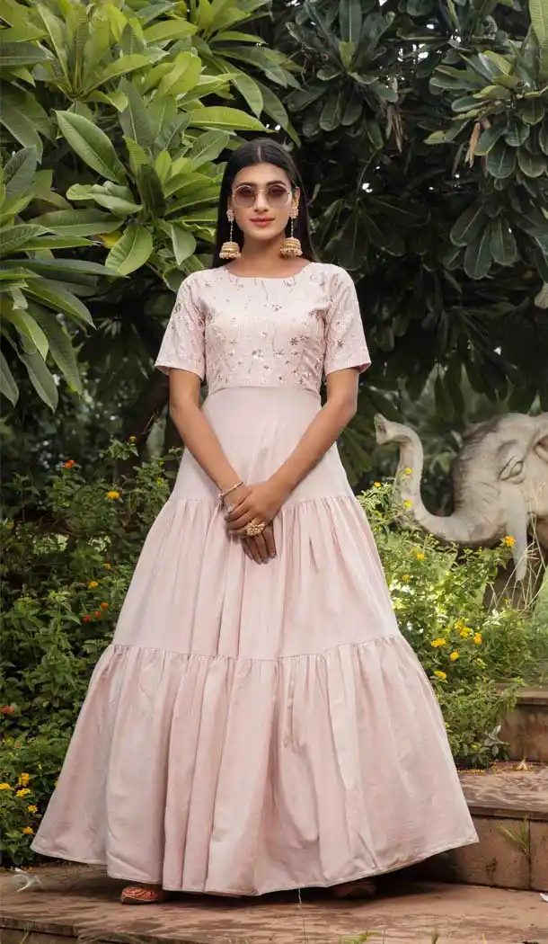 Dusty Pink Color Cotton Heavy Designer Fancy Party Wear Girls Gown -9061107942