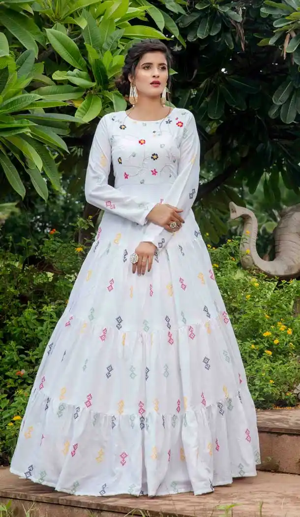 Glamorous White Color Cotton Heavy Designer Fancy Party Wear Girls Gown -9061107943