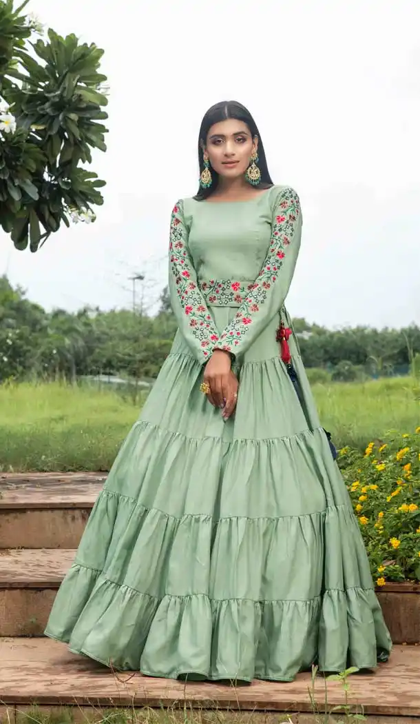 Sea Green Color Cotton Heavy Designer Fancy Party Wear Girls Gown -9061107944