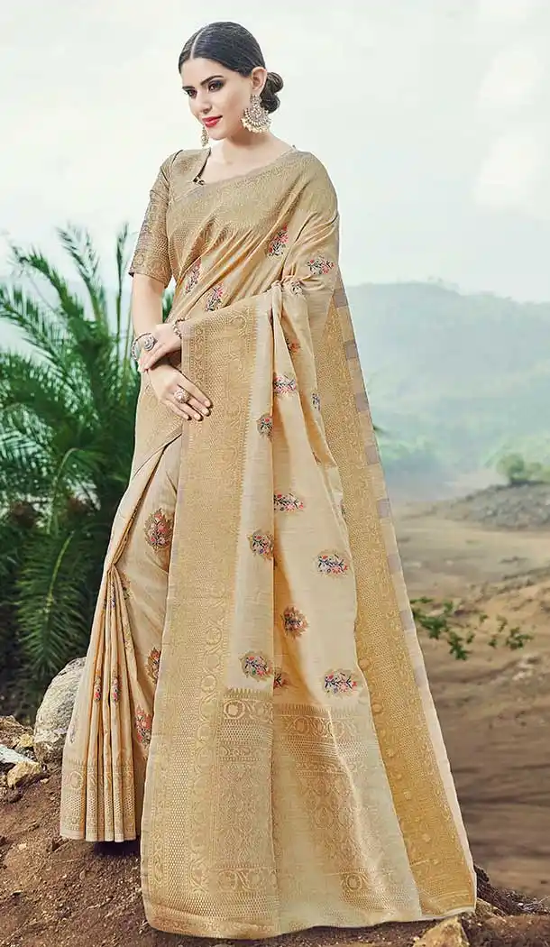 Chic Beige Color Banarasi Silk Designer Traditional Wear Saree Blouse -9134108457