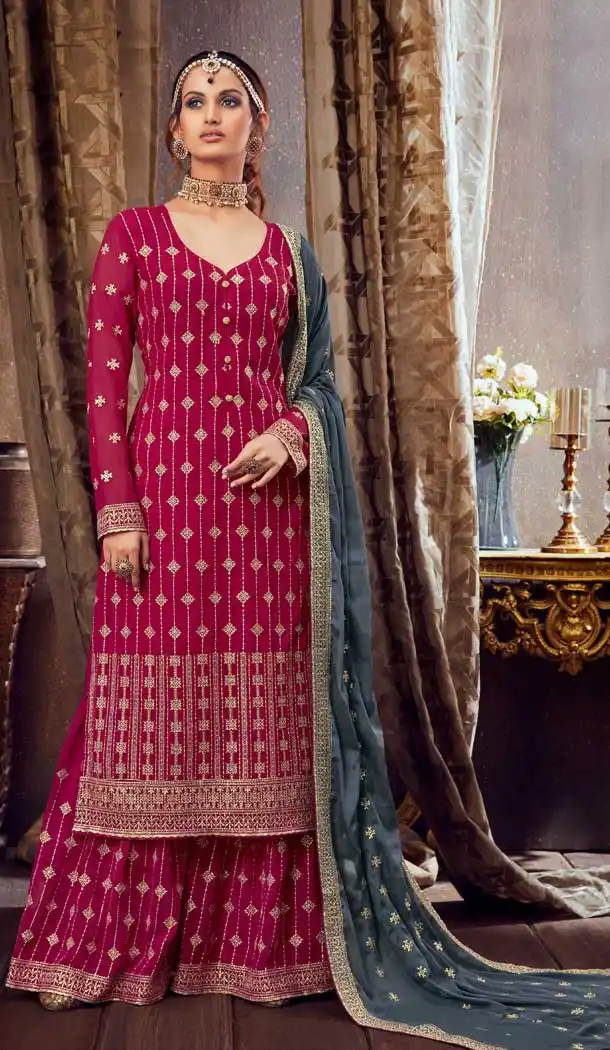 Rani Pink Color Pure Georgette Heavy Embroidred Designer Sharara Suit -9158108778