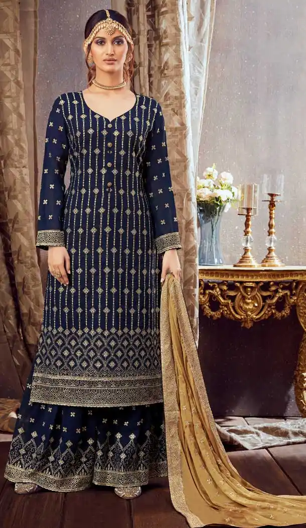 Navy Blue Color Pure Georgette Heavy Embroidred Designer Sharara Suit -9158108779