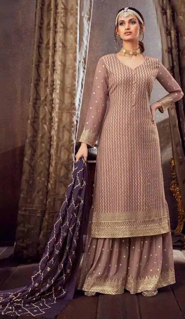 Light Borwn Color Pure Georgette Heavy Embroidered Designer Sharara Suit -9158108780