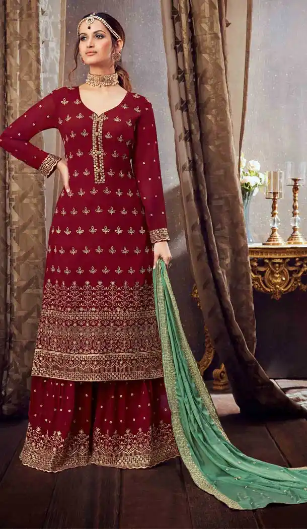 Maroon Color Pure Georgette Heavy Embroidred Designer Sharara Suit -9158108781