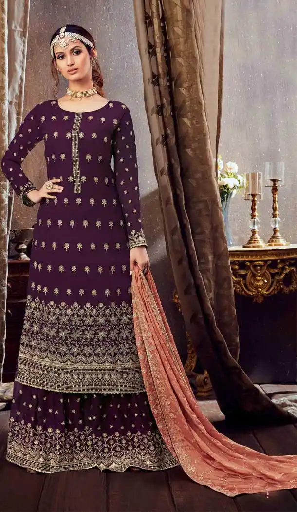 Purple Color Pure Georgette Heavy Embroidred Designer Sharara Suit -9158108782