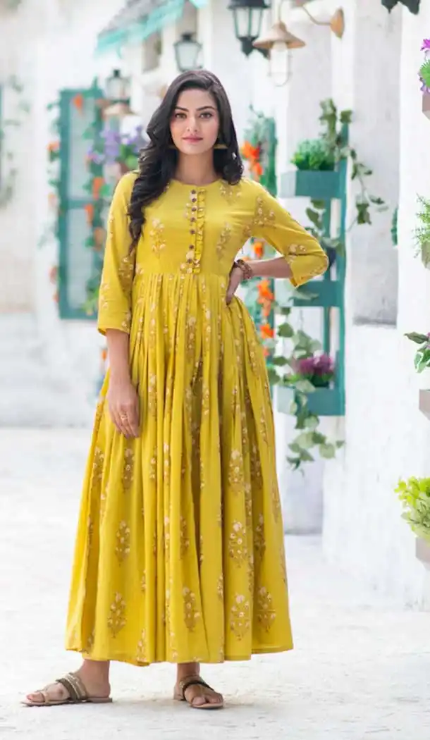 Ethnic Olive Color Maslin Digital Printed Readymade Girls Long Kurti -9170108832