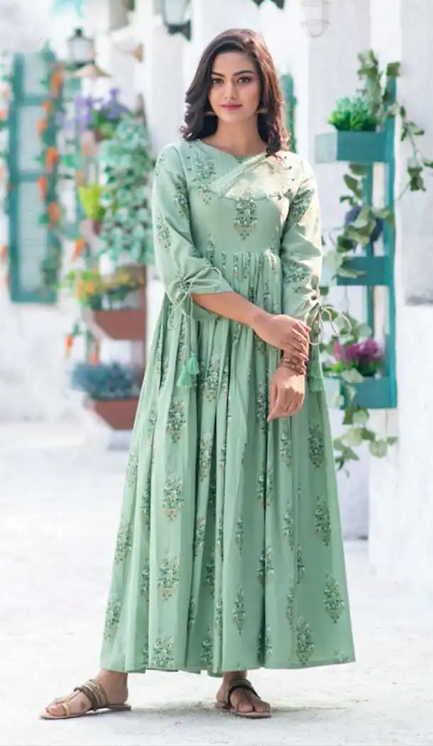 Sea Green Color Maslin Digital Printed Readymade Girls Long Kurti -9170108833