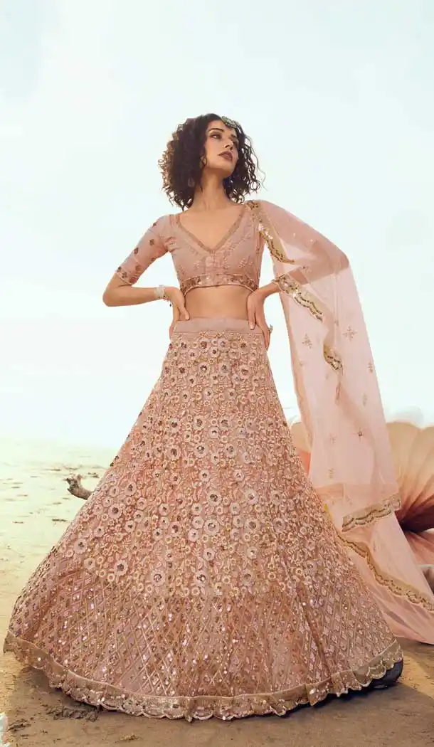 Chic Peach Color Soft Net Designer Party Wear Women Lehenga Choli -9171108839