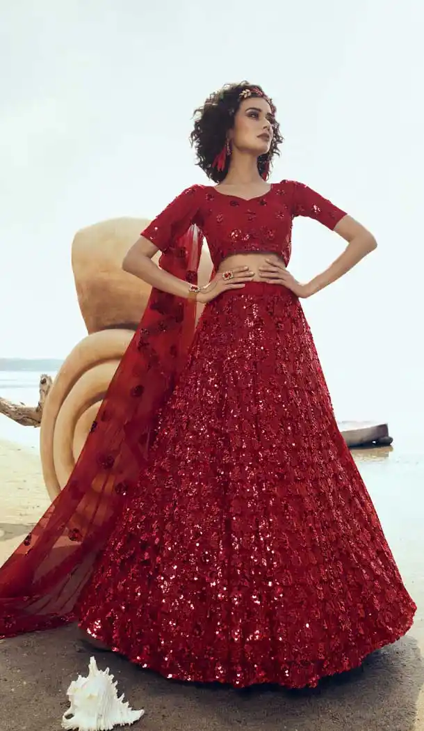 Sparkling Red Color Soft Net Designer Party Wear Women Lehenga Choli -9171108843