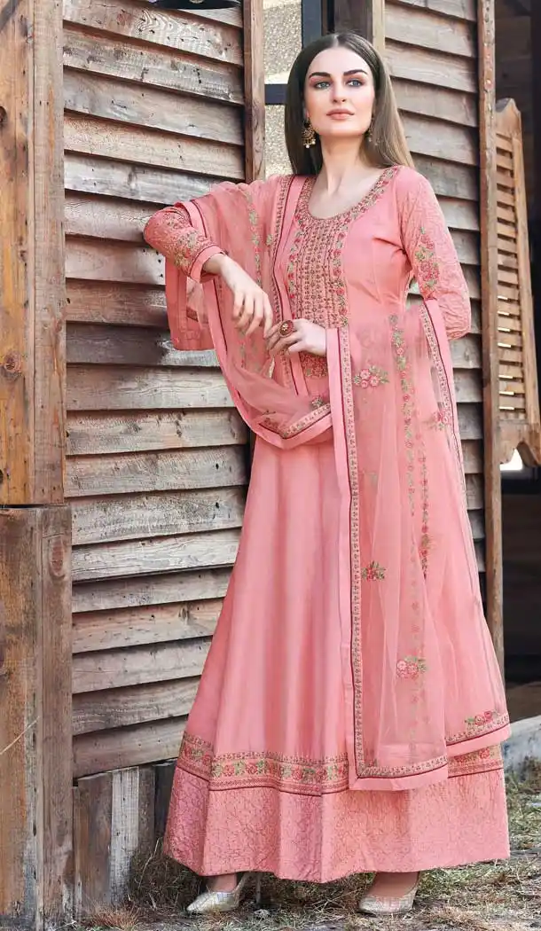 Light Pink Color Dola Silk Heavy Embroidered Aanarkali Style Suit -9186108955