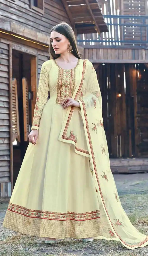 Aesthetic Cream Color Dola Silk Heavy Embroidered Aanarkali Style Suit -9186108956