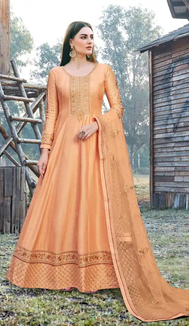 Orange Color Dola Silk Heavy Embroidered Aanarkali Style Suit -9186108957