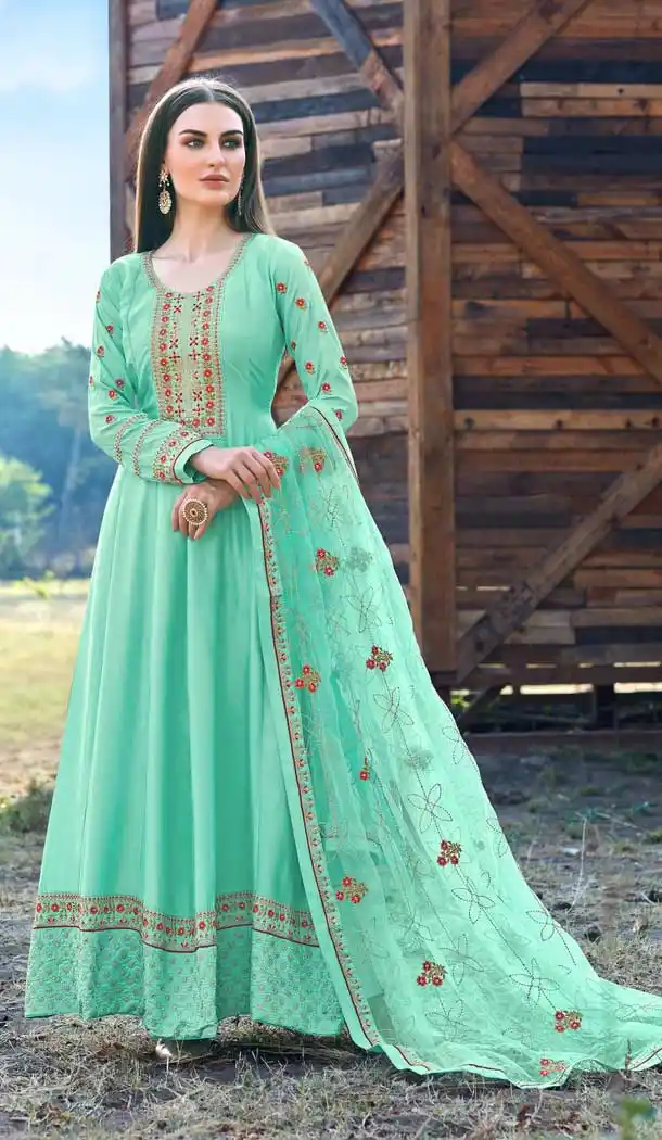 Enigmatic Aqua Color Dola Silk Heavy Embroidered Aanarkali Style Suit -9186108958
