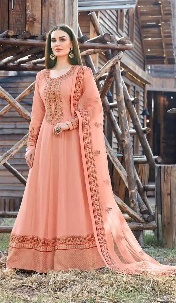 Peach Color Dola Silk Heavy Embroidered Aanarkali Style Suit -9186108959