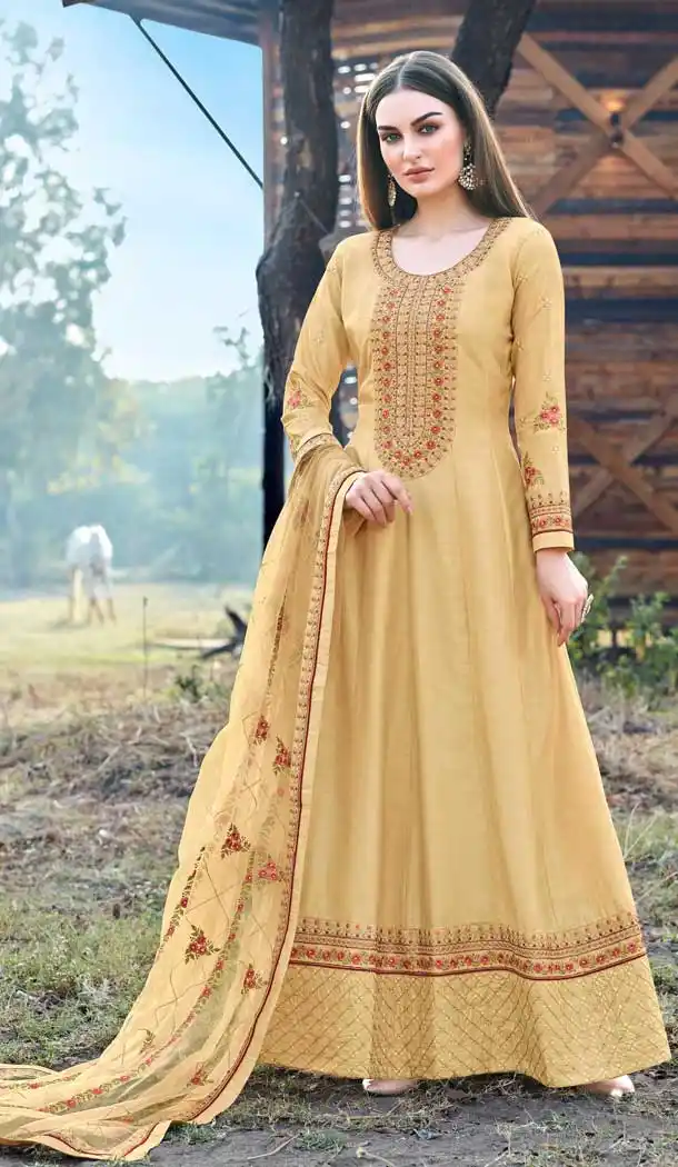 Light Yellow Color Dola Silk Heavy Embroidered Aanarkali Style Suit -9186108960