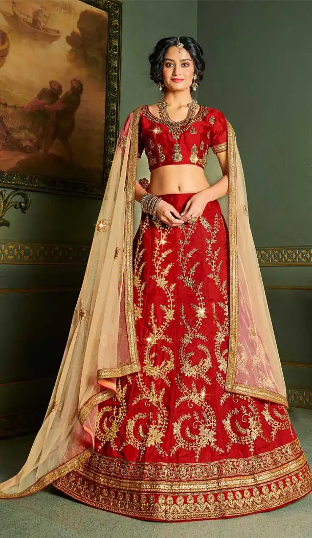 Red Color Silk Heavy Embroidered Work Women Party Lehenga Choli -9192108997