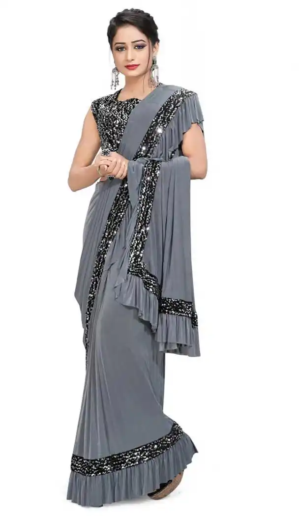 Grey Color Imported Lycra Designer Party Wear Lehenga Style Saree -9207109182