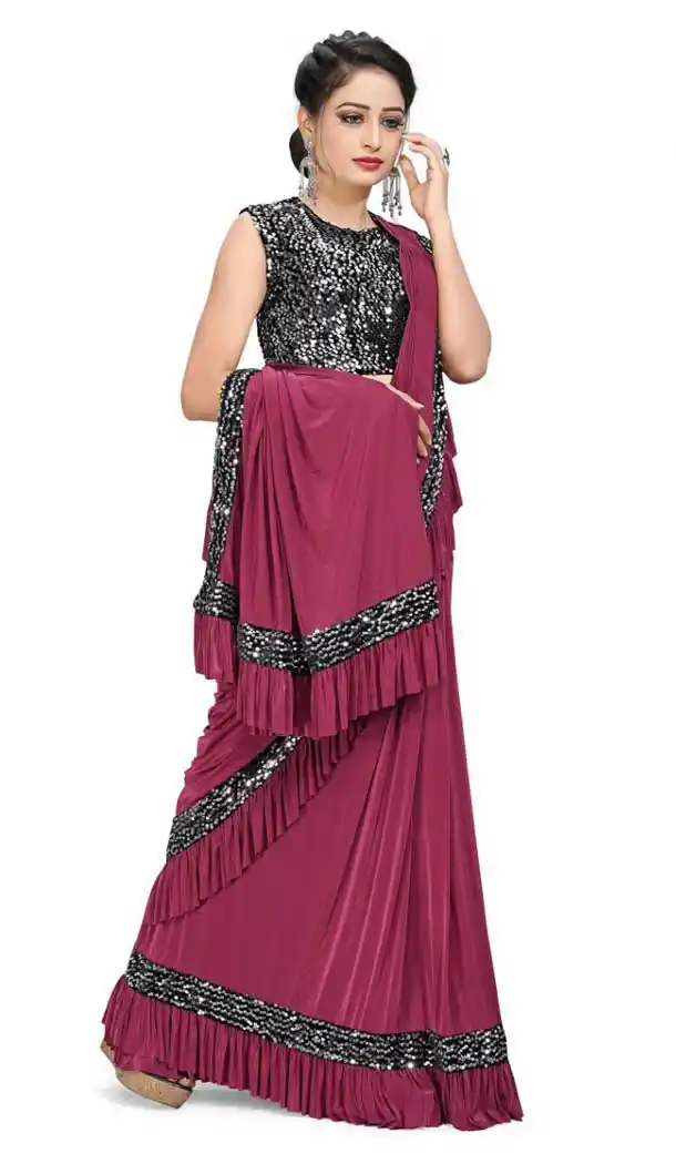 Stylish Pink Color Imported Lycra Designer Party Wear Lehenga Style Saree -9207109183