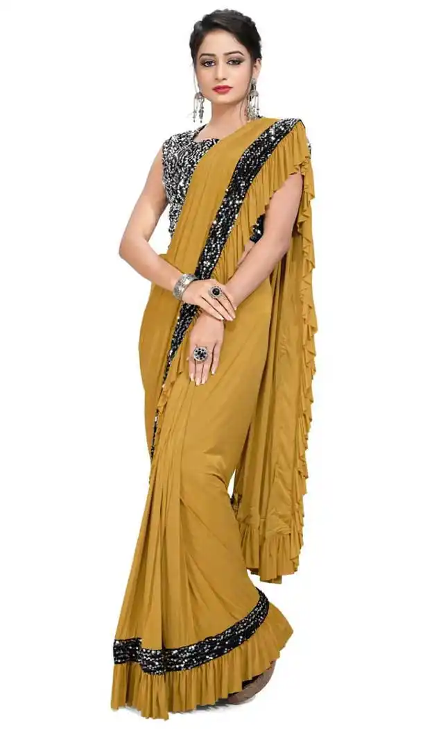 Musterd Color Imported Lycra Designer Party Wear Lehenga Style Saree -9207109188