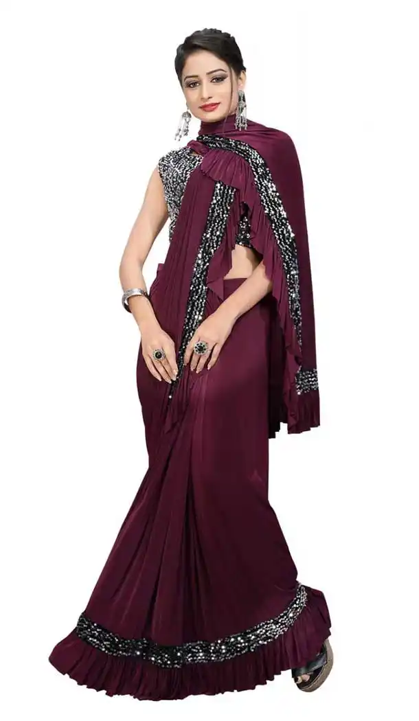 Wine Color Imported Lycra Designer Party Wear Lehenga Style Saree -9207109189