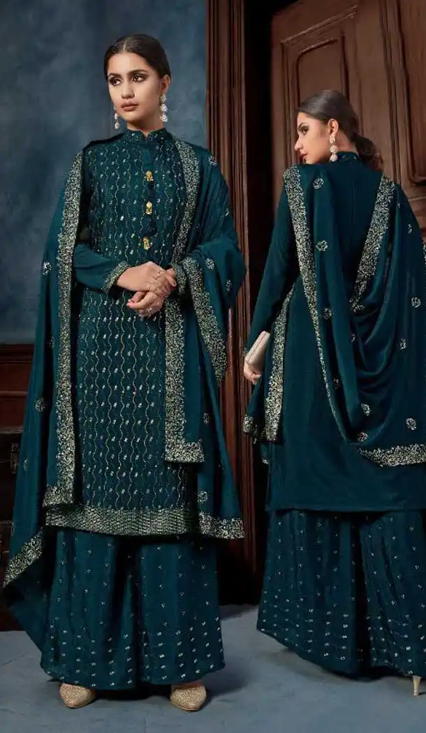 Teal Blue Color Chinnon Designer Party Wear Salwar Sharara Suit -9209109201