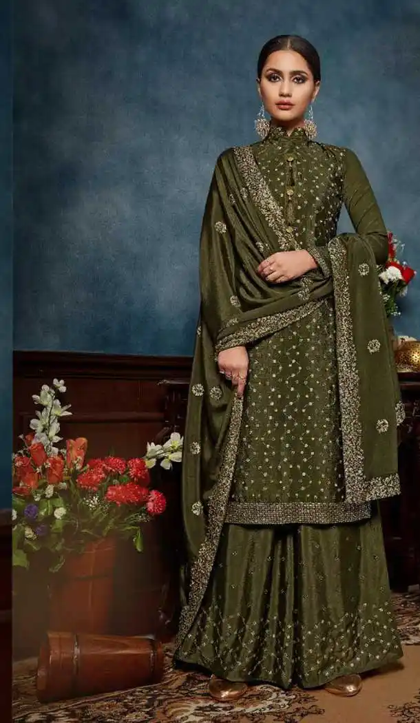 Glamorous Mehendi Color Chinnon Designer Party Wear Salwar Sharara Suit -9209109202